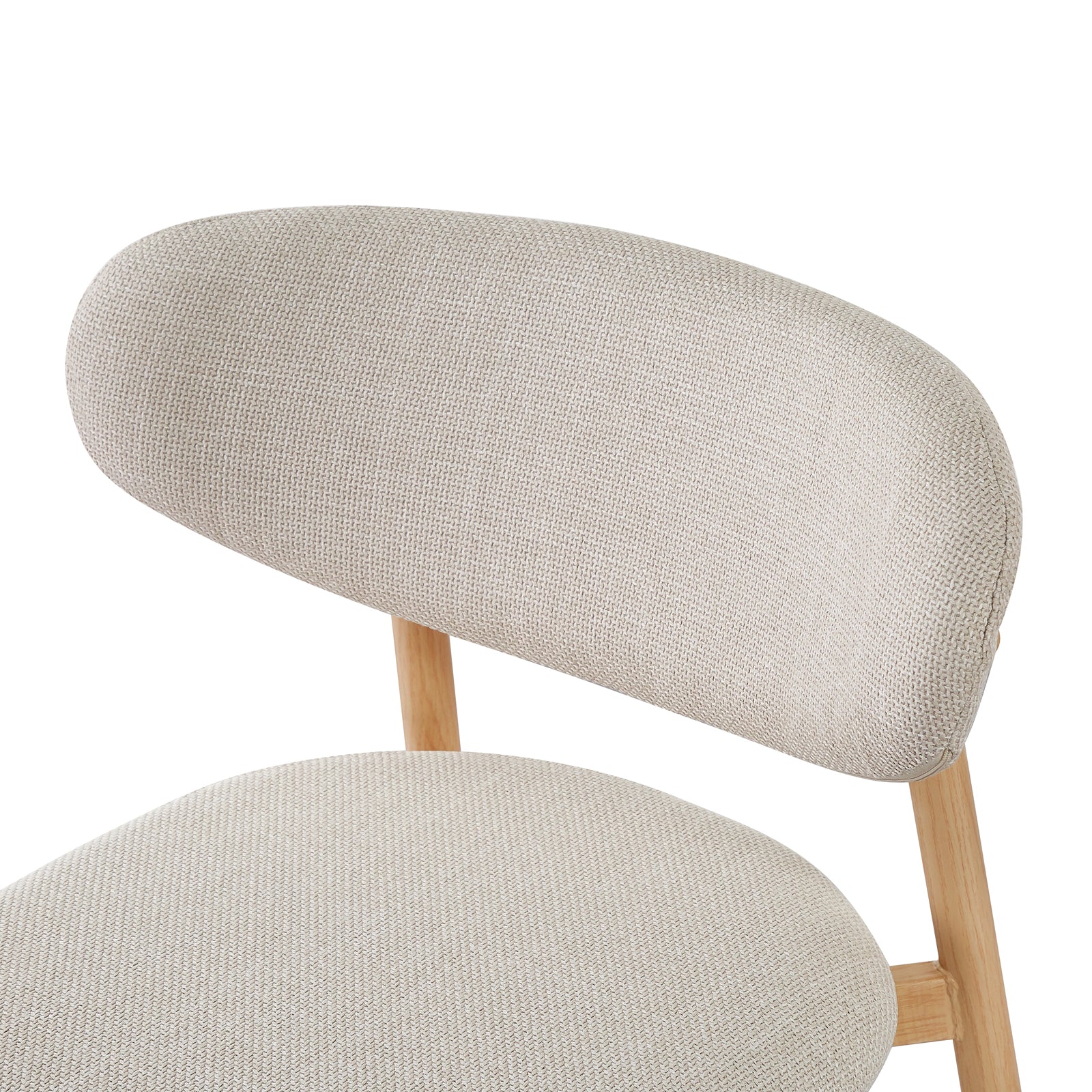 Audrey Curved Linen Barstool Set of 2 in Beige, featuring light-wood frame, beige woven upholstery on seat and backrest, ergonomic design, and sturdy metal legs with a wood-look finish.