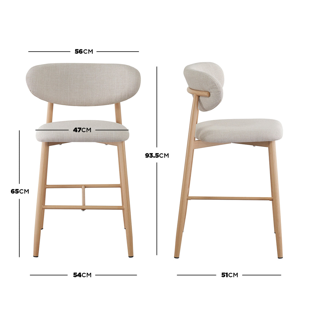 Audrey Curved Linen Barstool Set of 2 in Beige features a light beige upholstered seat with natural wood legs, seen in front and side views, highlighting its elegant design and ergonomic dimensions.