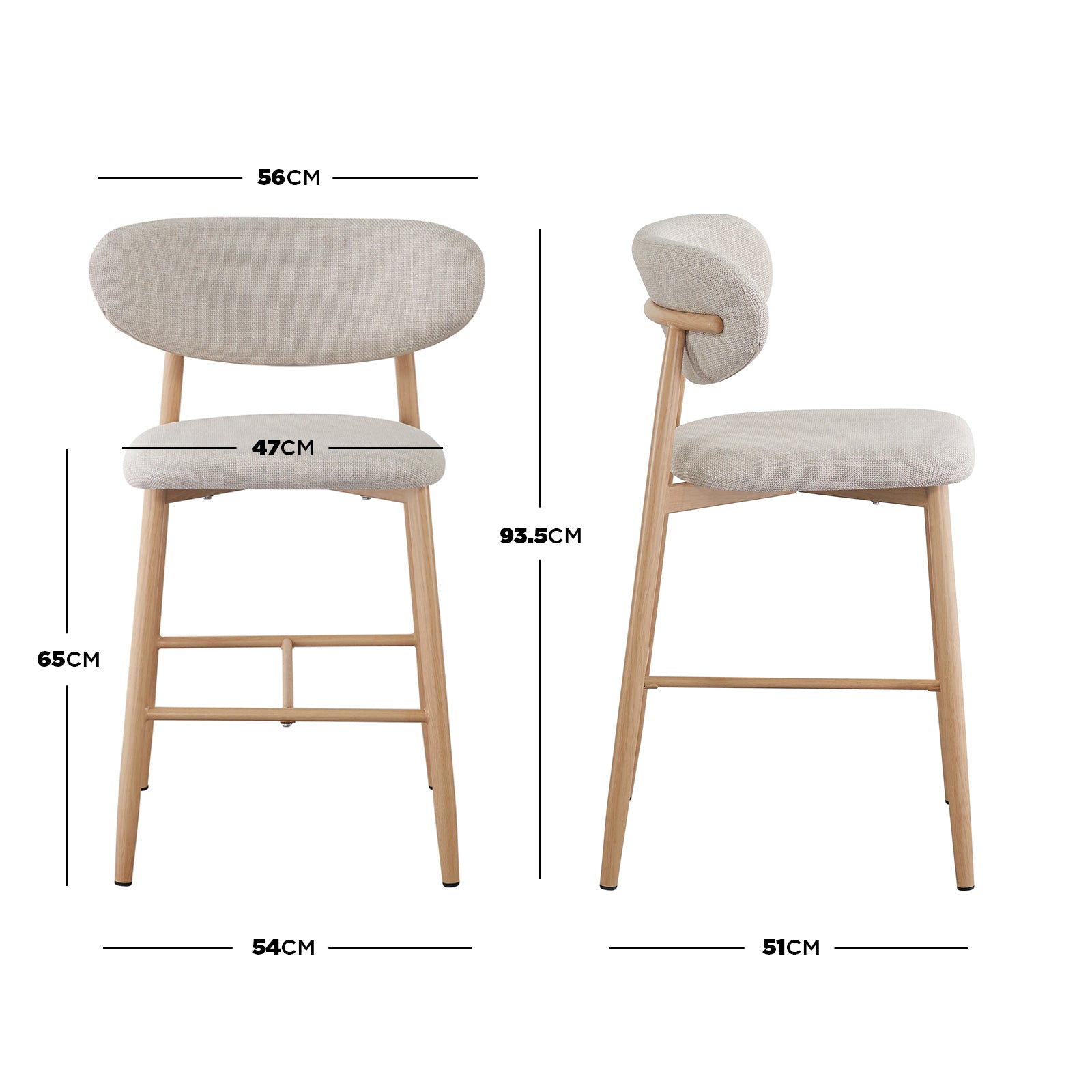 Audrey Curved Linen Barstool Set of 2 in Beige features a light beige upholstered seat with natural wood legs, seen in front and side views, highlighting its elegant design and ergonomic dimensions.