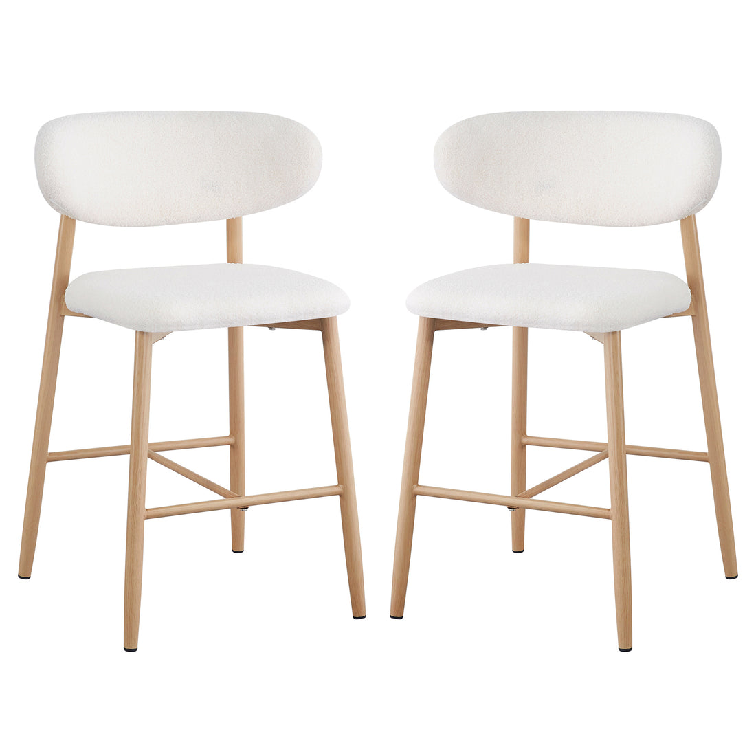 Audrey Boucle Barstool Set of 2 - Cream white featuring boucle upholstery, thick foam padding, and sturdy metal legs with wood-finish cover, designed for kitchen islands or home bars.