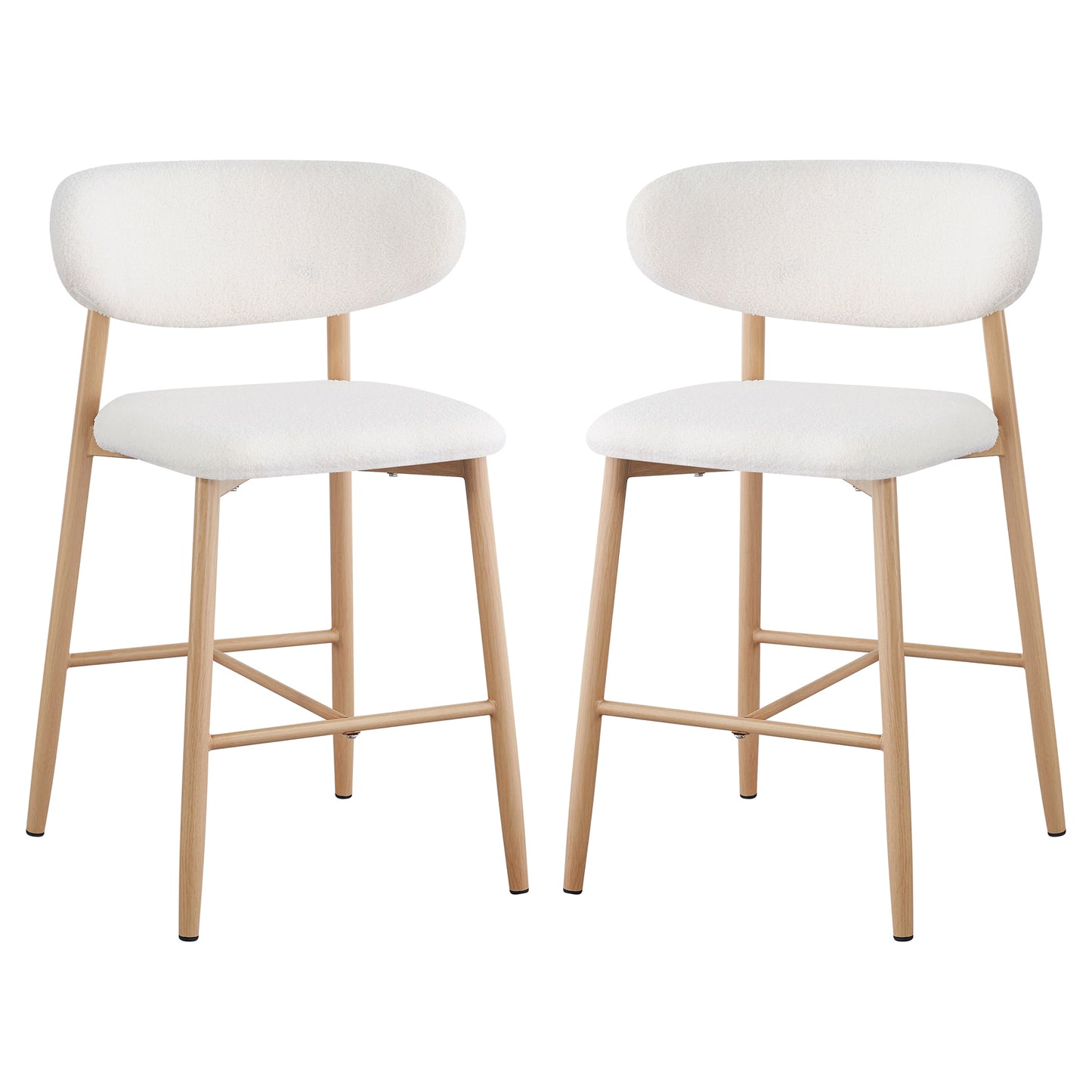 Audrey Boucle Barstool Set of 2 - Cream white featuring boucle upholstery, thick foam padding, and sturdy metal legs with wood-finish cover, designed for kitchen islands or home bars.