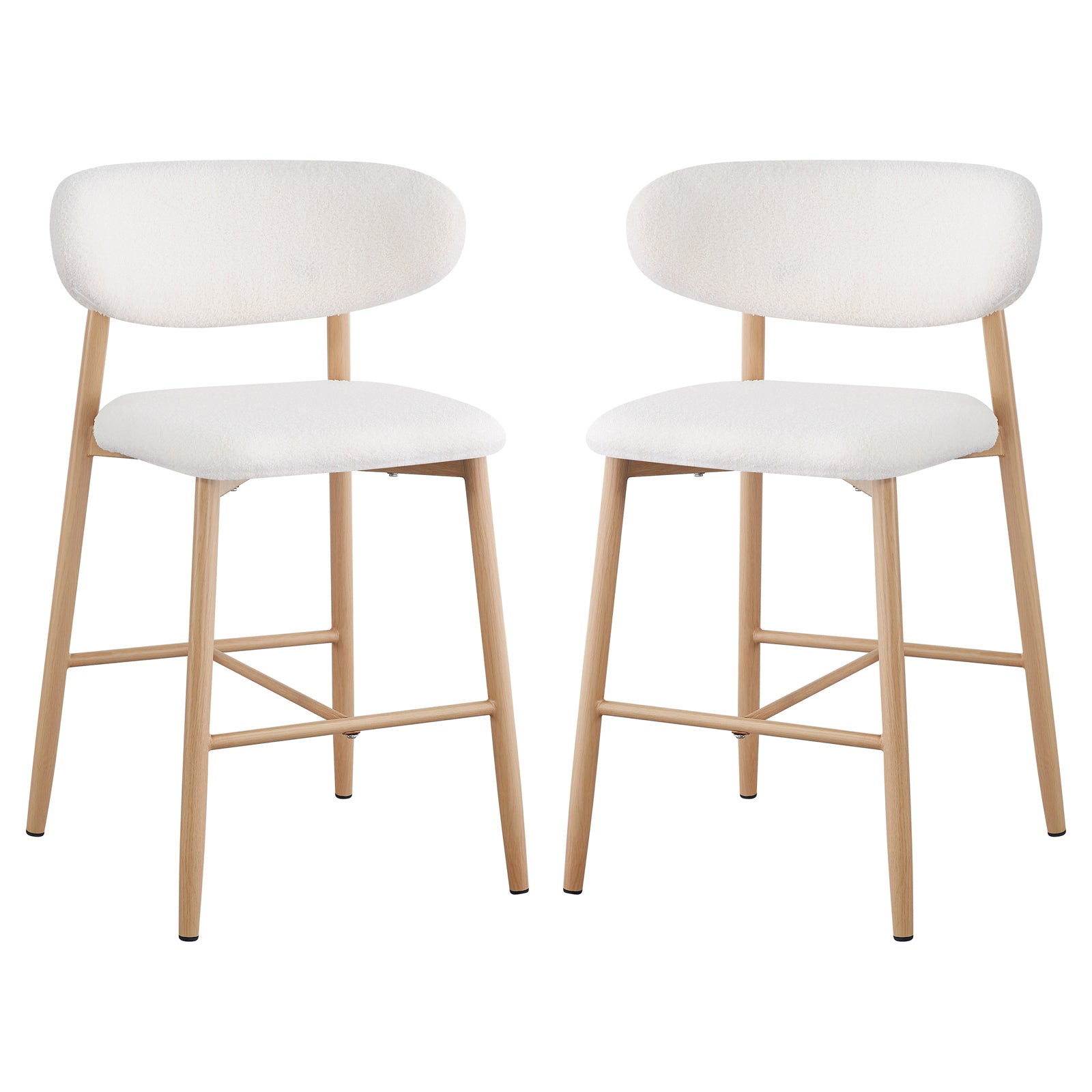 Audrey Boucle Barstool Set of 2 - Cream white featuring boucle upholstery, thick foam padding, and sturdy metal legs with wood-finish cover, designed for kitchen islands or home bars.