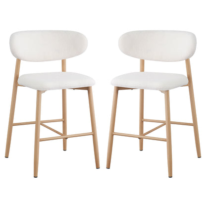 Audrey Boucle Barstool Set of 2 - Cream white featuring boucle upholstery, thick foam padding, and sturdy metal legs with wood-finish cover, designed for kitchen islands or home bars.