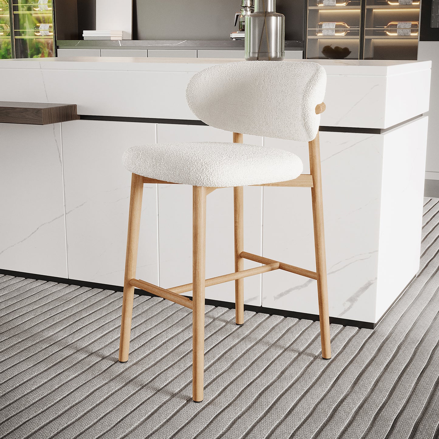 Audrey Boucle Barstool Set of 2 in cream white, featuring boucle upholstery, thick foam padding, and sturdy metal legs with a wood-finish cover, designed for modern kitchen islands or home bars.