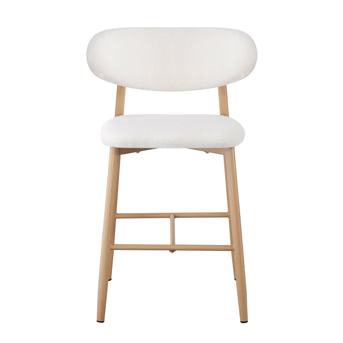 Audrey Curved Boucle Barstool Set of 2 in Cream White features a sleek design with white boucle-upholstered seats and backrests, light wood frame, and legs with horizontal stretchers for stability.