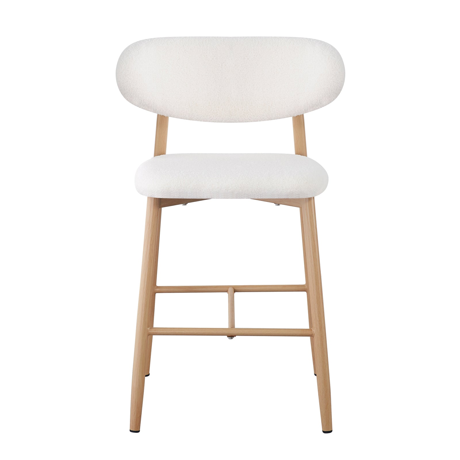 Audrey Curved Boucle Barstool Set of 2 in Cream White features a sleek design with white boucle-upholstered seats and backrests, light wood frame, and legs with horizontal stretchers for stability.
