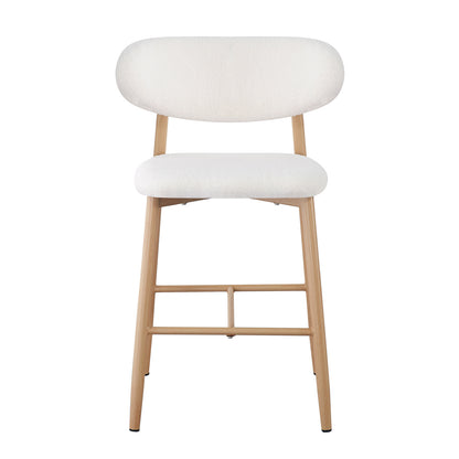 Audrey Curved Boucle Barstool Set of 2 in Cream White features a sleek design with white boucle-upholstered seats and backrests, light wood frame, and legs with horizontal stretchers for stability.
