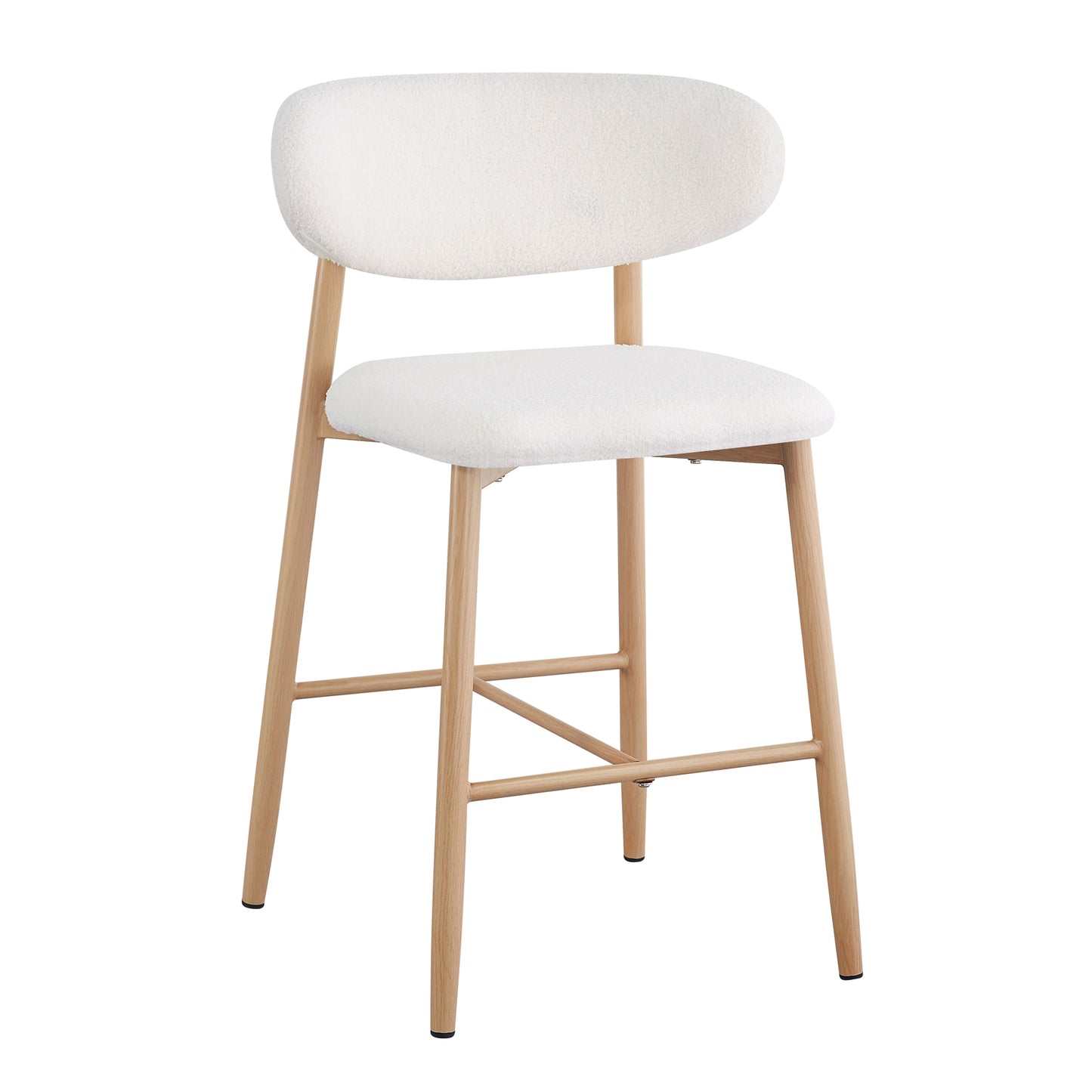 Audrey Boucle Barstool Set of 2 - Cream White, featuring white cushioned seats with premium boucle fabric, wooden-finished metal legs, and anti-slip pads, ideal for kitchen islands or home bars.