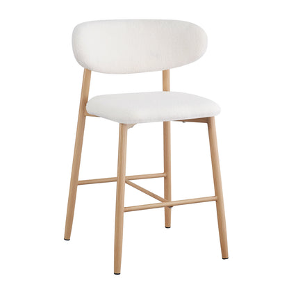 Audrey Curved Boucle Barstool Set of 2 in Cream White featuring curved upholstered seats, slender natural-wood legs with footrests, and anti-slip pads for stability, blending comfort and modern design.
