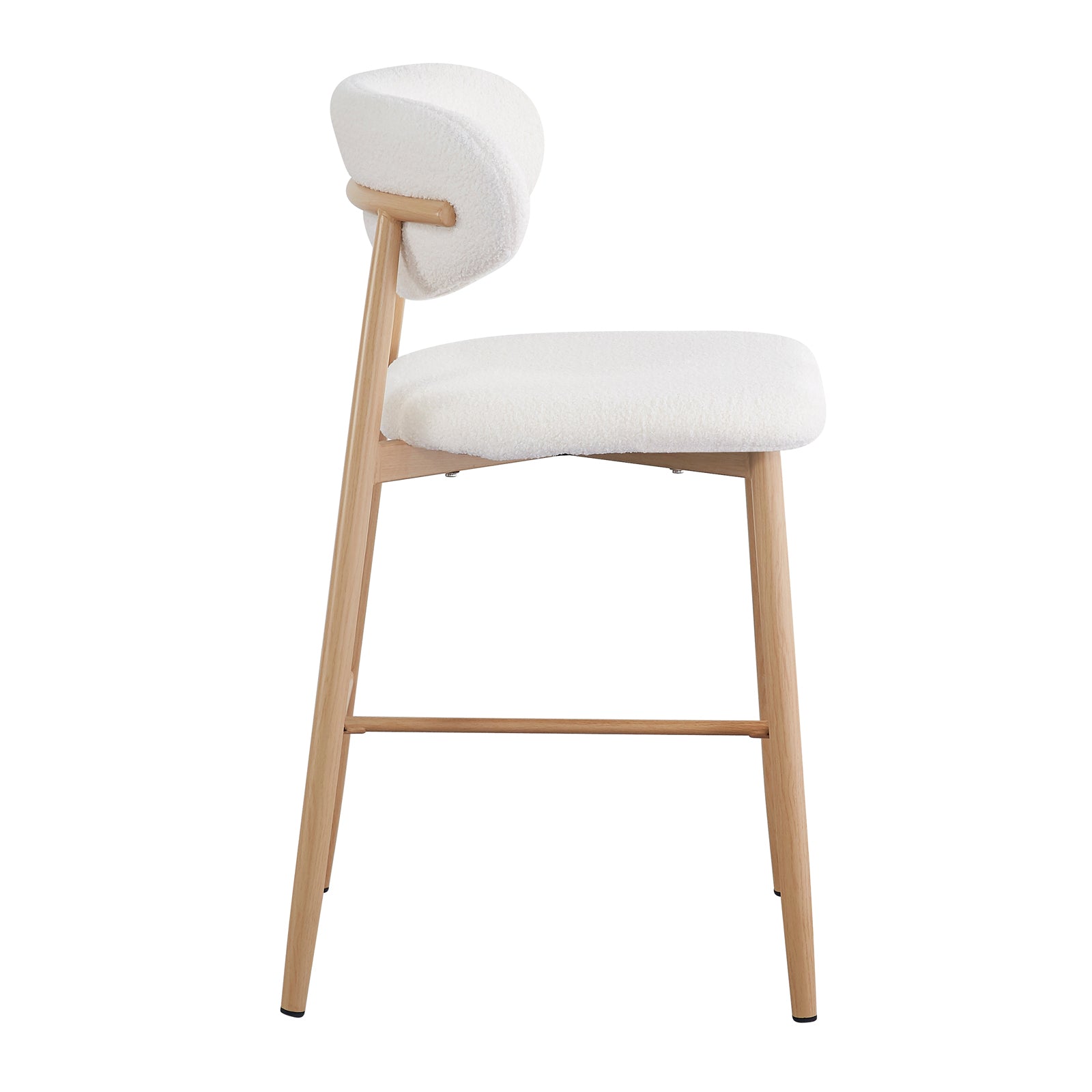 Audrey Boucle Barstool Set of 2 - Cream White: Elegant white chairs with wood-finish legs, boucle upholstery, and plush foam cushioning, designed for kitchen islands or home bars.