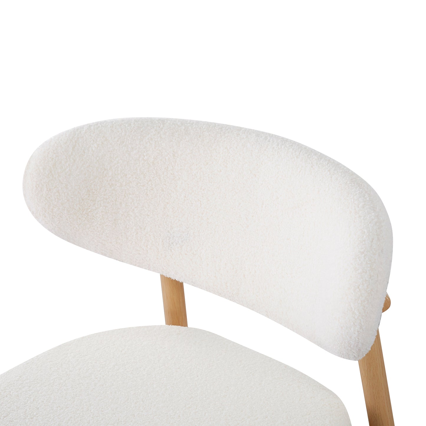 Audrey Boucle Barstool Set of 2 - Cream White, featuring close-up views of plush boucle fabric upholstery, wooden armrests, and sturdy metal legs with a wood-finish cover for enhanced durability.