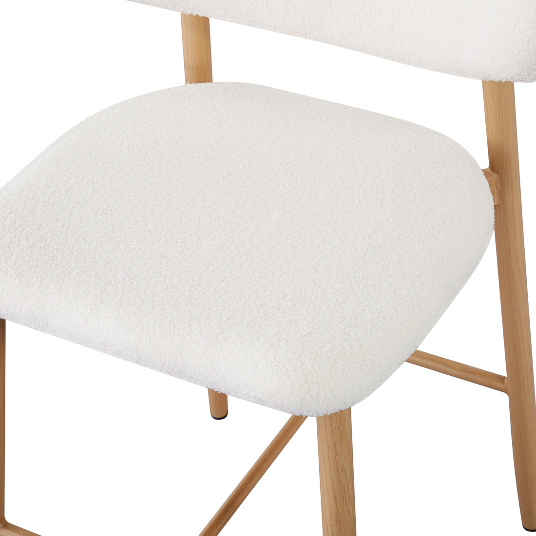 Audrey Boucle Barstool Set of 2 - Cream White, showcasing close-up details of the boucle fabric, plush foam seating, and sturdy metal legs with a wood-finish cover.