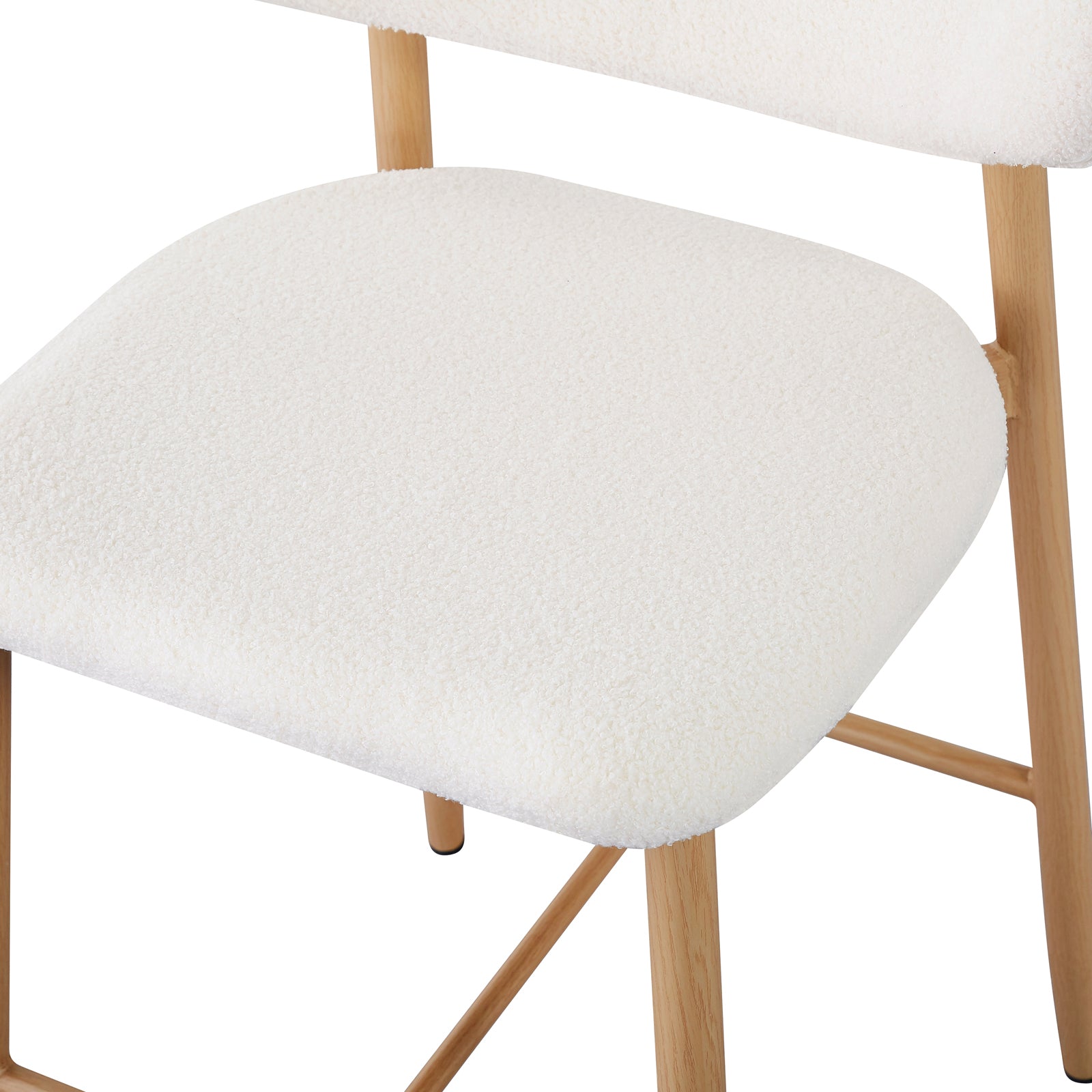 Audrey Boucle Barstool Set of 2 - Cream White, showcasing close-up details of the boucle fabric, plush foam seating, and sturdy metal legs with a wood-finish cover.