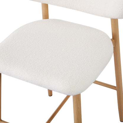Audrey Boucle Barstool Set of 2 - Cream White, showcasing close-up details of the boucle fabric, plush foam seating, and sturdy metal legs with a wood-finish cover.