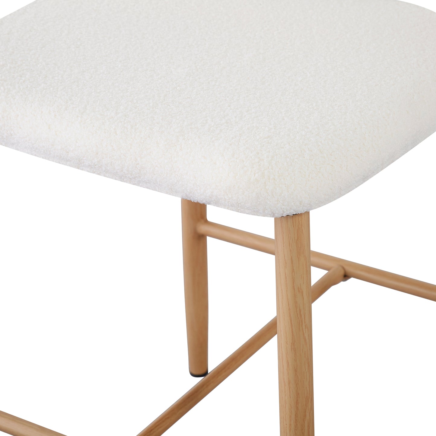 Audrey Boucle Barstool Set of 2 - Cream White, featuring premium boucle fabric, plush foam padding, and sturdy metal legs with a wood-finish cover, ideal for stylish and durable seating.