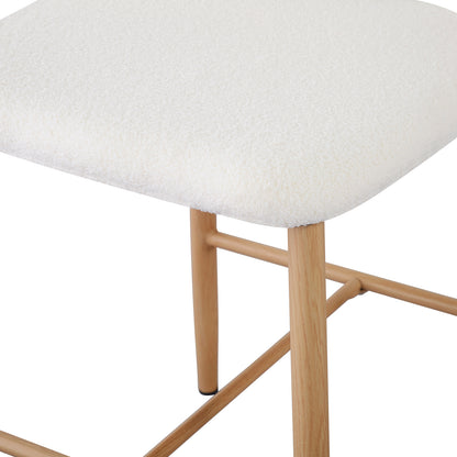 Audrey Boucle Barstool Set of 2 - Cream White, featuring premium boucle fabric, plush foam padding, and sturdy metal legs with a wood-finish cover, ideal for stylish and durable seating.