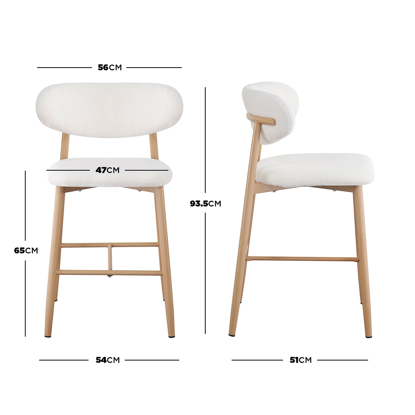 Audrey Boucle Barstool Set of 2 - Cream White; features a white chair with a wooden frame and armrest, showcasing boucle fabric and sturdy metal legs with a wood-finish cover.