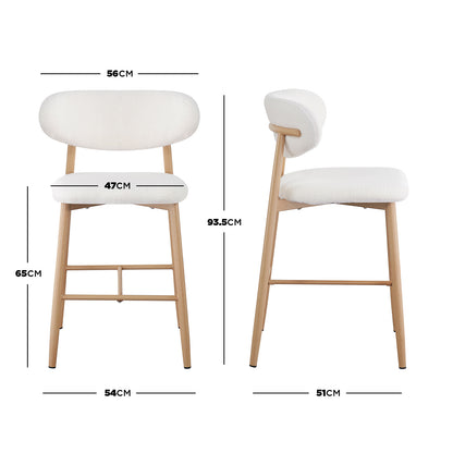 Audrey Boucle Barstool Set of 2 - Cream White; features a white chair with a wooden frame and armrest, showcasing boucle fabric and sturdy metal legs with a wood-finish cover.