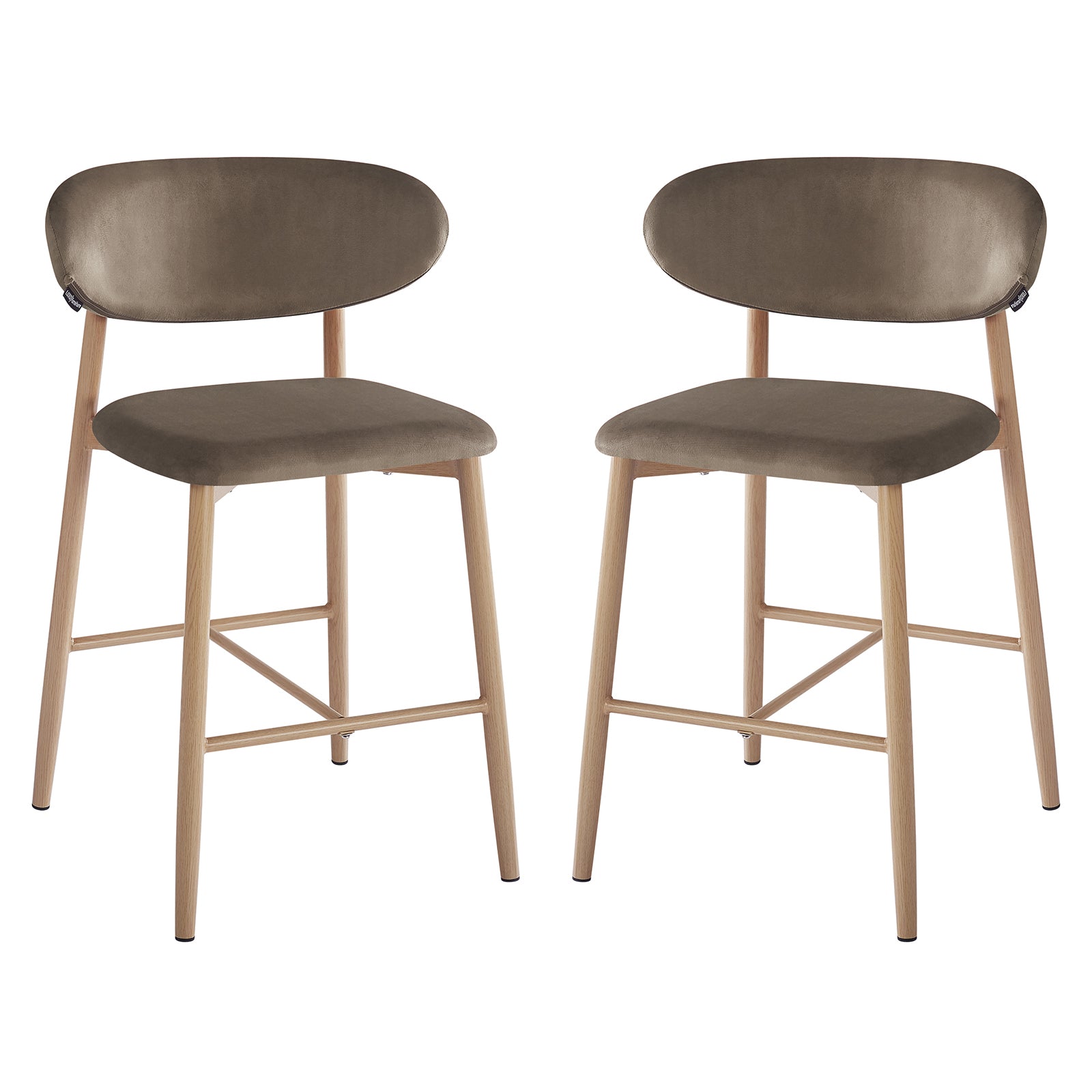 Audrey Velvet Fabric Upholstered Barstool Espresso Brown Set of 2 features modern counter-height stools with curved upholstered backrests, taupe/olive-gray seats, and tapered light-wood legs with footrest support.