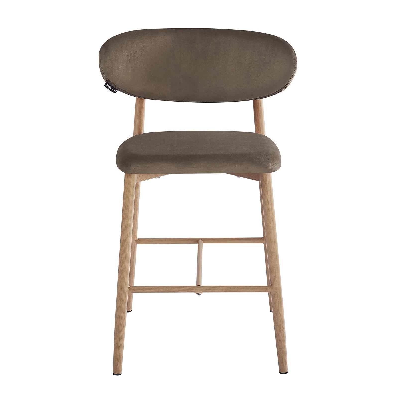 Audrey Velvet Fabric Upholstered Barstool Espresso Brown Set of 2 features a solid-wood frame, curved backrest, matching seat cushion in muted brown/olive fabric, and sturdy crossbar footrest.