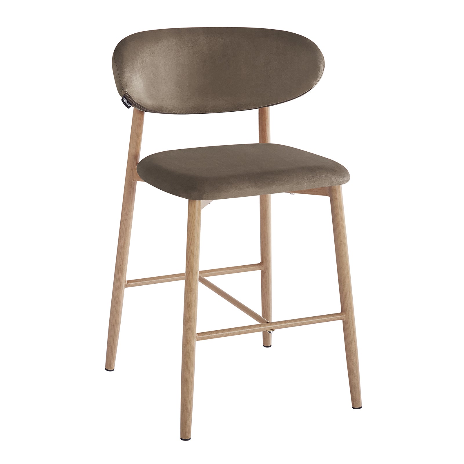 Audrey Velvet Fabric Upholstered Barstool Espresso Brown Set of 2 features a modern stool with a muted brown upholstered seat and oval backrest, supported by light-wood legs with cross-bracing footrest.