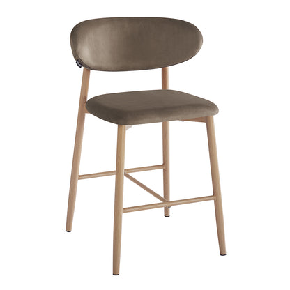 Audrey Velvet Fabric Upholstered Barstool Espresso Brown Set of 2 features a modern stool with a muted brown upholstered seat and oval backrest, supported by light-wood legs with cross-bracing footrest.