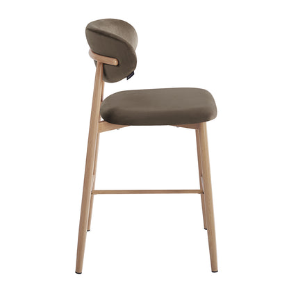 Audrey Velvet Fabric Upholstered Barstool Espresso Brown Set of 2 features a modern-style light wood frame with tapered legs, an olive-green velvet seat, and a curved backrest for contemporary elegance.