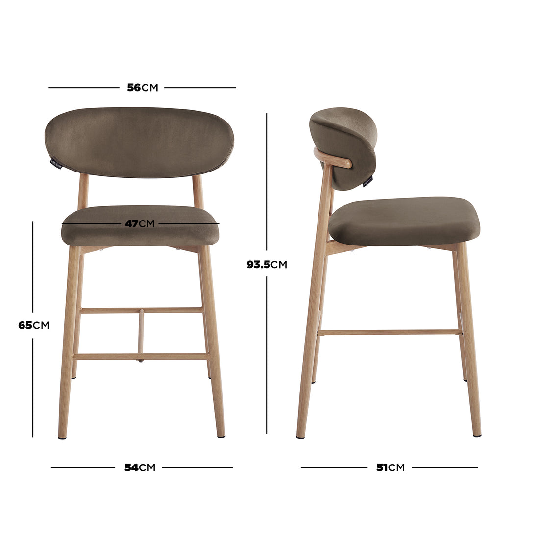 Audrey Velvet Fabric Upholstered Barstool Espresso Brown Set of 2, showcasing front and side views with padded seats and light-wood legs, dimensions marked in centimeters for ergonomic design.