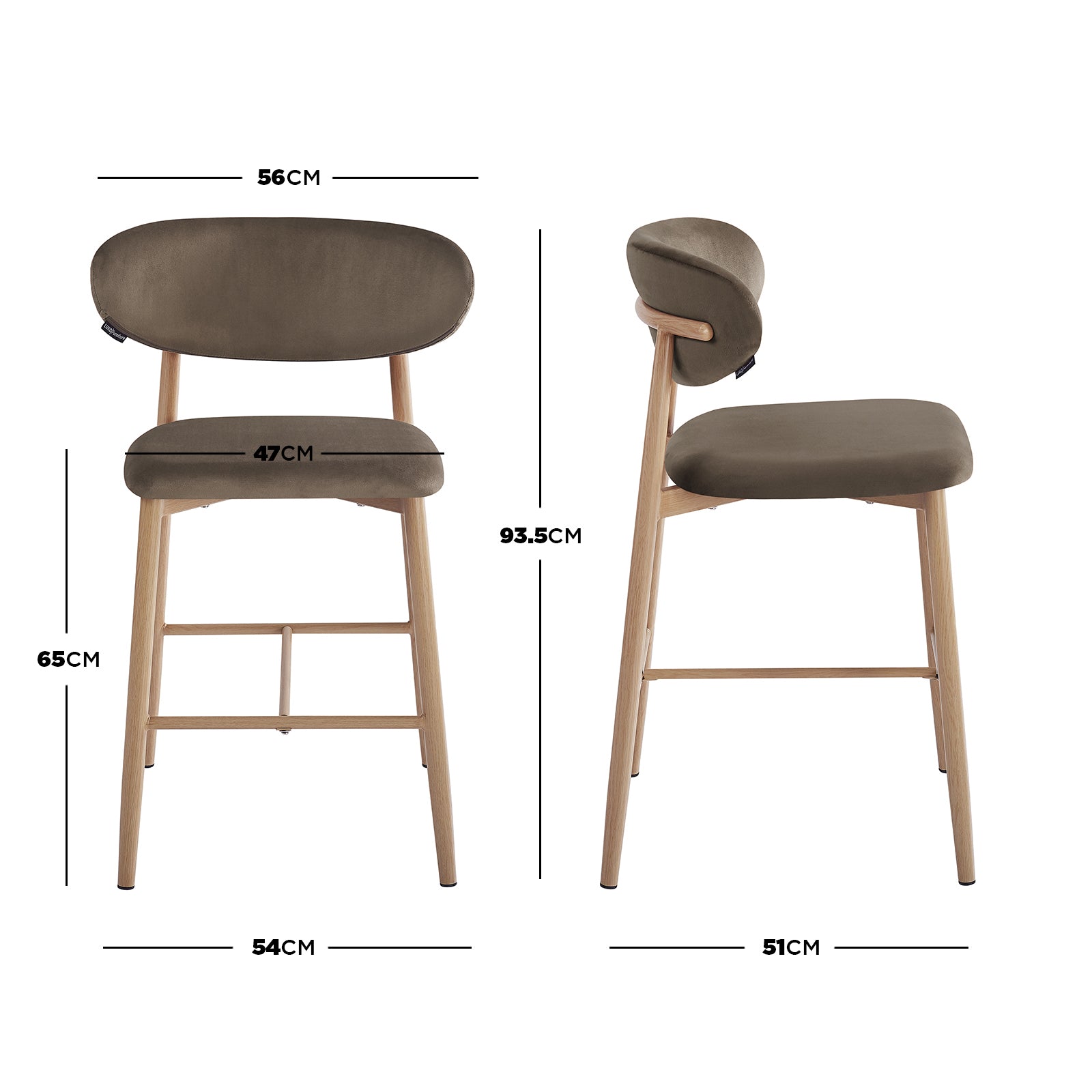 Audrey Velvet Fabric Upholstered Barstool Espresso Brown Set of 2, showcasing front and side views with padded seats and light-wood legs, dimensions marked in centimeters for ergonomic design.