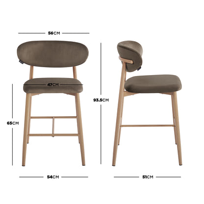 Audrey Velvet Fabric Upholstered Barstool Espresso Brown Set of 2, showcasing front and side views with padded seats and light-wood legs, dimensions marked in centimeters for ergonomic design.