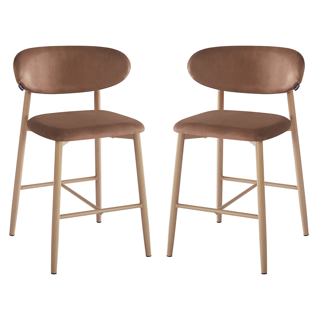 Audrey Velvet Fabric Upholstered Barstool Mocha Mousse Set of 2 features curved padded seats and backrests, supported by light-wood-tone legs with cross-bracing, blending modern elegance and ergonomic comfort.