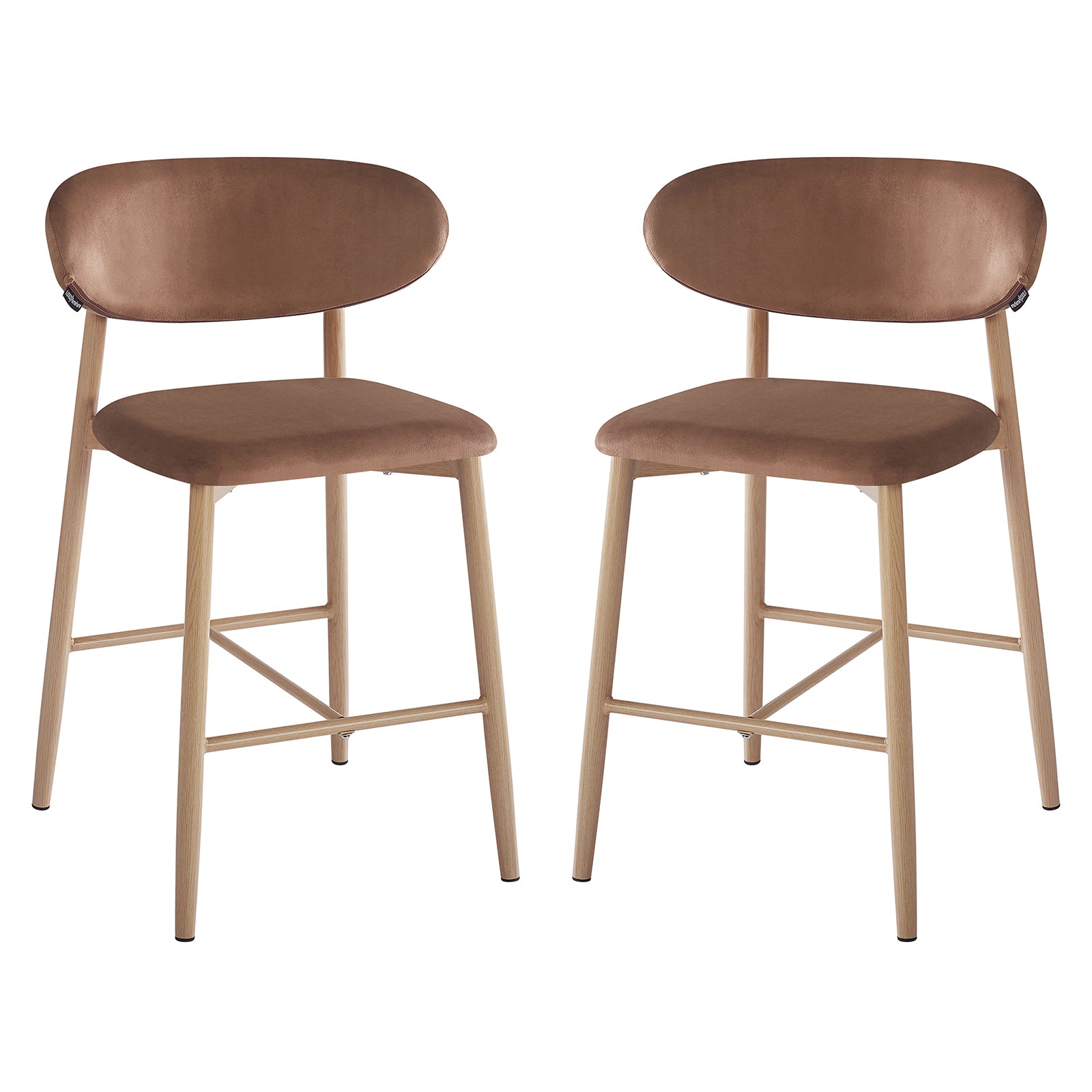 Audrey Velvet Fabric Upholstered Barstool Mocha Mousse Set of 2 features curved padded seats and backrests, supported by light-wood-tone legs with cross-bracing, blending modern elegance and ergonomic comfort.