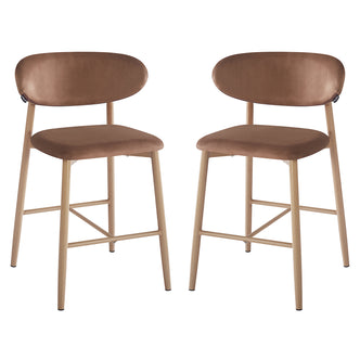 Audrey Velvet Fabric Upholstered Barstool Mocha Mousse Set of 2 features curved padded seats and backrests, supported by light-wood-tone legs with cross-bracing, blending modern elegance and ergonomic comfort.