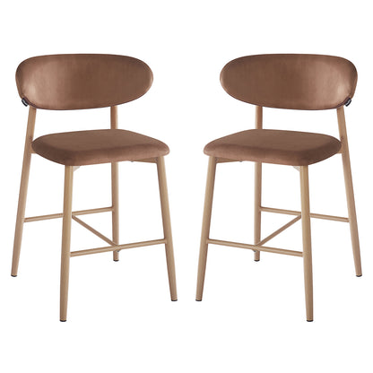 Audrey Velvet Fabric Upholstered Barstool Mocha Mousse Set of 2 features curved padded seats and backrests, supported by light-wood-tone legs with cross-bracing, blending modern elegance and ergonomic comfort.