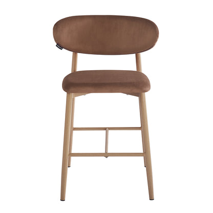 Audrey Velvet Fabric Upholstered Barstool Mocha Mousse Set of 2 features slender light-wood legs with footrest, upholstered seat and backrest in warm brown velvet, blending contemporary elegance and comfort.