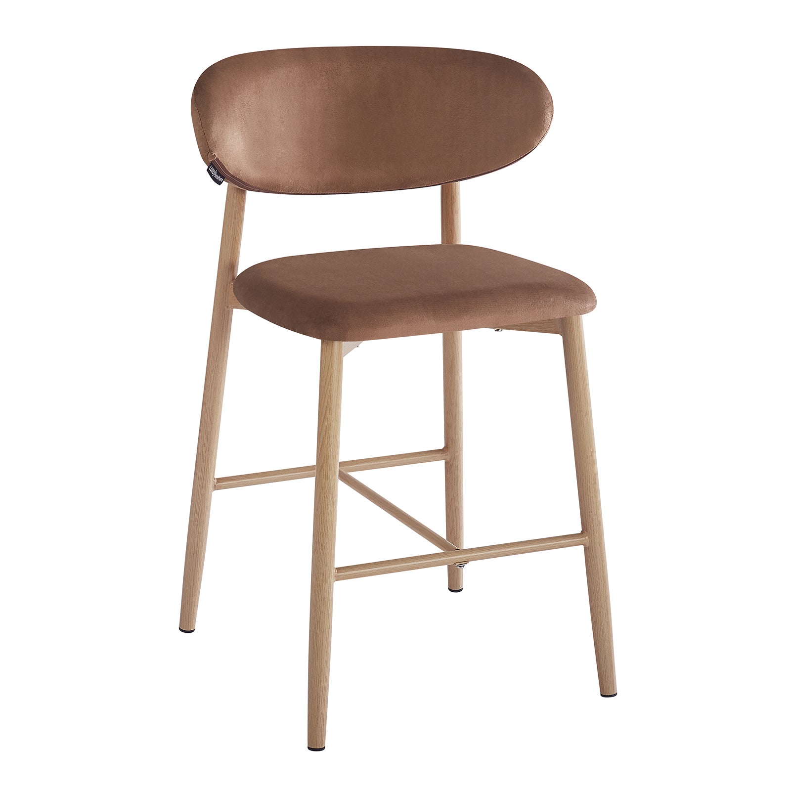 Audrey Velvet Fabric Upholstered Barstool Set of 2 features a light wood frame, oval backrest, padded seat in warm brown fabric, and footrest, blending mid-century style with modern elegance.