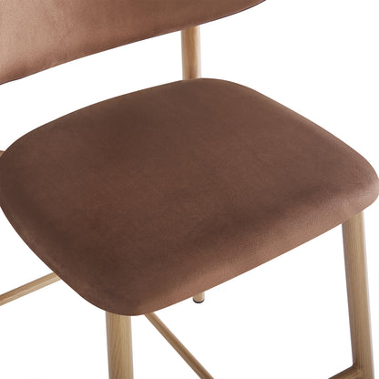 Audrey Velvet Fabric Upholstered Barstool Mocha Mousse Set of 2 features a brown upholstered seat and backrest with light-wood legs and cross-supports, highlighting its contemporary elegance and ergonomic design.
