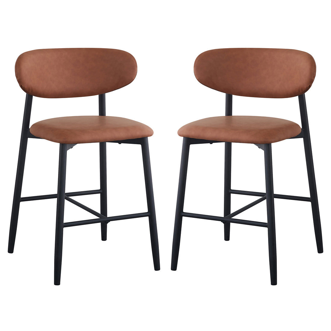 Audrey Curved PU Leather Barstool Set of 2 in Tan features cushioned seats and backrests with black metal frames and cross-bracing, offering a sleek, supportive design ideal for modern interiors.