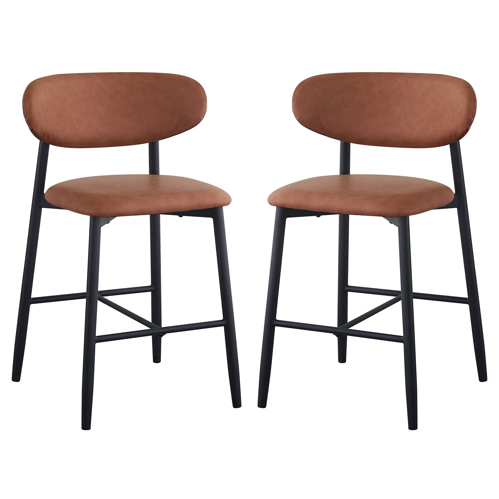 Audrey Curved PU Leather Barstool Set of 2 in Tan features cushioned seats and backrests with black metal frames and cross-bracing, offering a sleek, supportive design ideal for modern interiors.