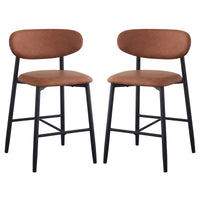 Audrey Curved PU Leather Barstool Set of 2 in Tan features cushioned seats and backrests with black metal frames and cross-bracing, offering a sleek, supportive design ideal for modern interiors.