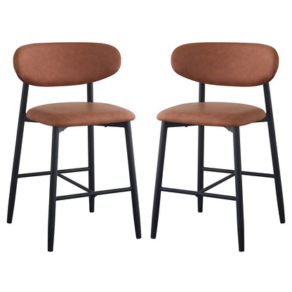 Audrey Curved PU Leather Barstool Set of 2 in Tan features cushioned seats and backrests with black metal frames and cross-bracing, offering a sleek, supportive design ideal for modern interiors.
