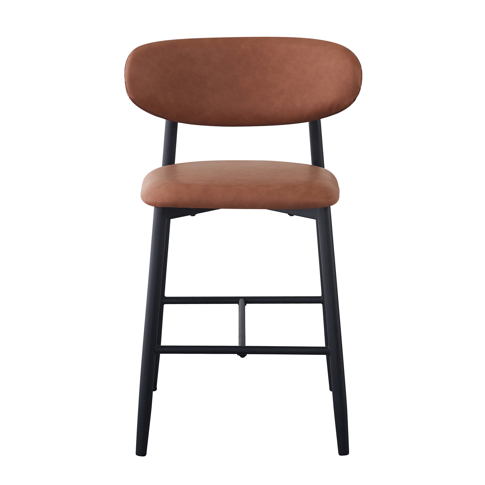 Audrey Curved PU Leather Barstool Set of 2 in Tan features padded, rounded backrests and seats in warm brown upholstery, with sleek black metal frames and footrests, ideal for modern interiors.