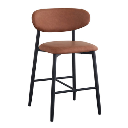 Audrey Curved PU Leather Barstool Set of 2 in Tan features warm brown faux-leather seats with a rounded-rectangle backrest, supported by a slim black metal frame with cross-brace footrests.