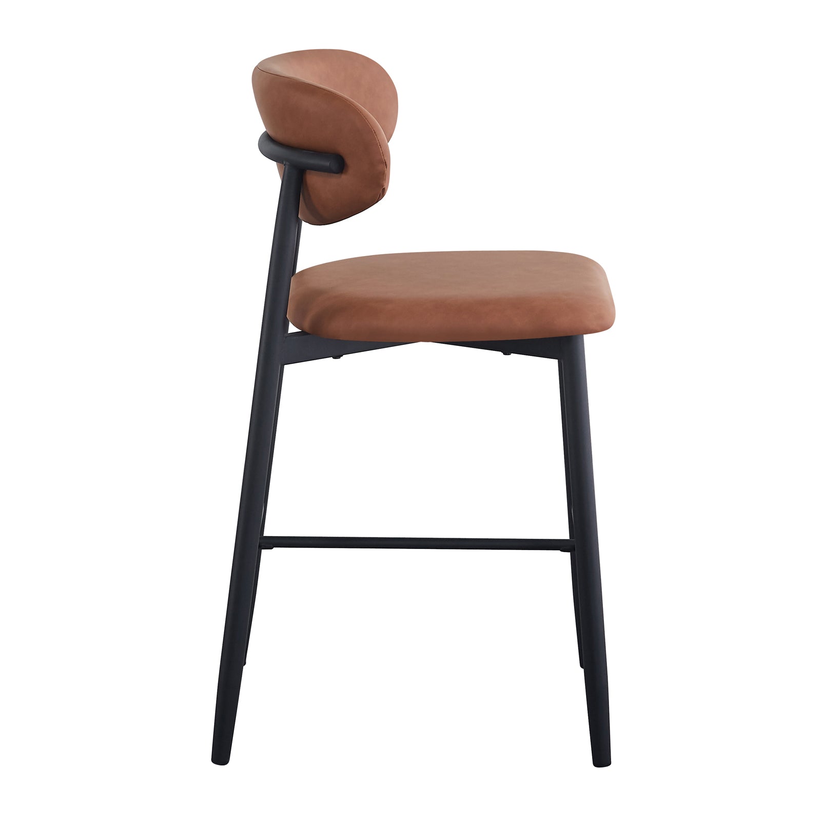 Audrey Curved PU Leather Barstool Set of 2 in Tan, featuring slim black metal frame, tapered legs with footrest, and warm brown curved seat and backrest, perfect for modern interiors.