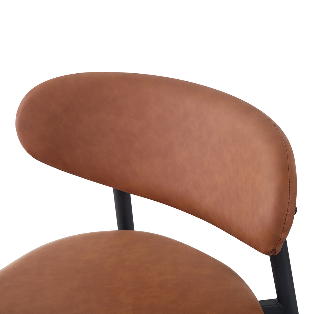 Audrey Curved PU Leather Barstool Set of 2 in Tan features a cognac-brown seat and backrest with plush padding, and a sleek black metal frame, offering both style and comfort.