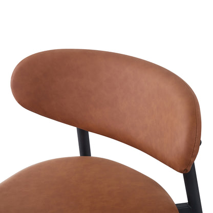 Audrey Curved PU Leather Barstool Set of 2 in Tan features a cognac-brown seat and backrest with plush padding, and a sleek black metal frame, offering both style and comfort.