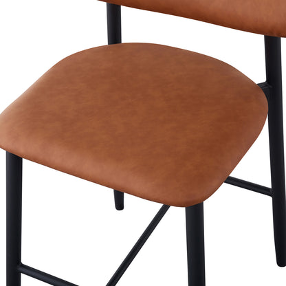 Audrey Curved PU Leather Barstool Set of 2 in Tan features a cognac-brown padded cushion on a sleek black metal frame with slender legs and cross-bracing, offering stylish comfort and support.