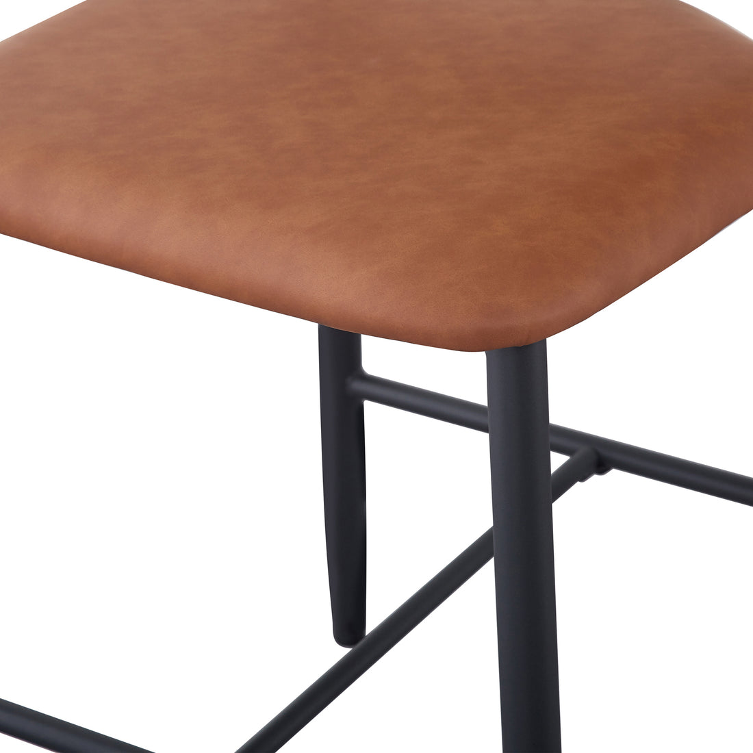 Audrey Curved PU Leather Barstool Set of 2 in Tan features a rounded brown upholstered seat on a black metal frame with cross-bars, offering stylish design and comfortable seating.