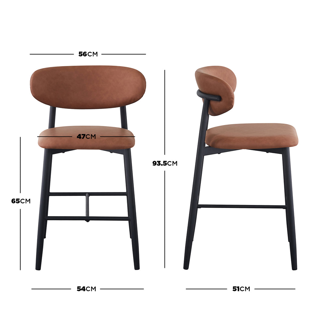 Audrey Curved PU Leather Barstool Set of 2 in Tan, featuring a padded seat and backrest on a black metal frame with footrests, shown in front and side views with dimensions.