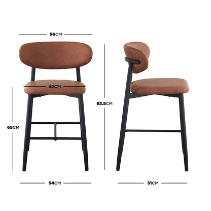 Audrey Curved PU Leather Barstool Set of 2 in Tan, featuring a padded seat and backrest on a black metal frame with footrests, shown in front and side views with dimensions.